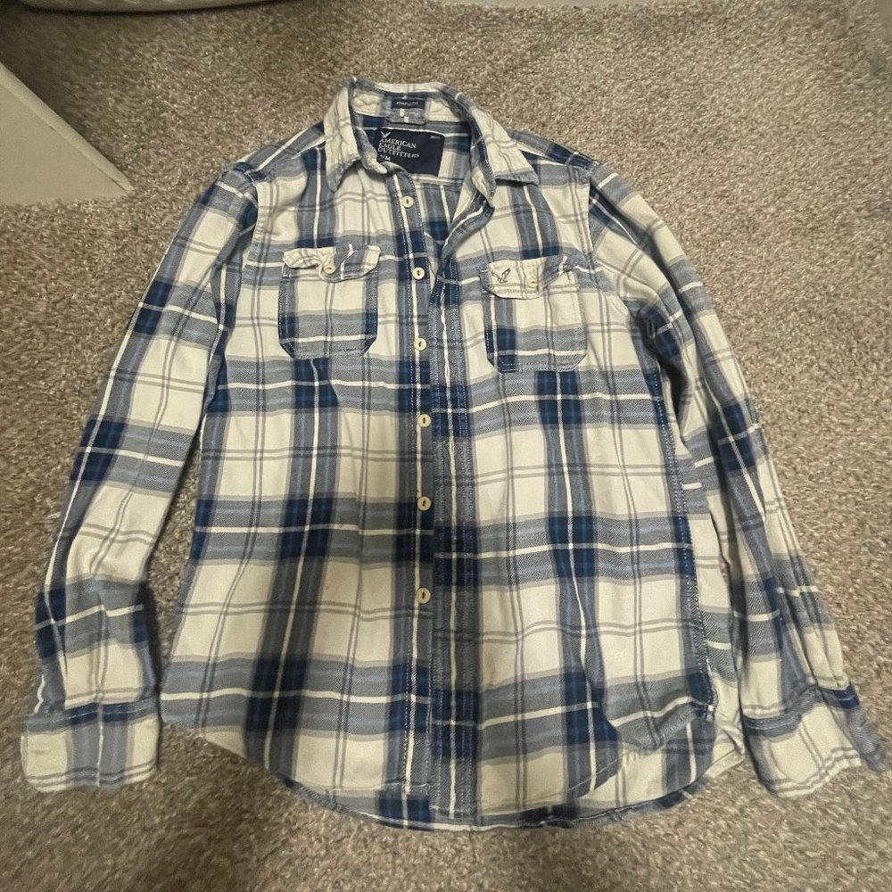 American Eagle Men's Medium Blue and White Flannel